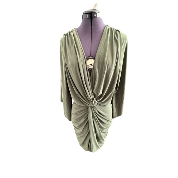 MISA Los Angeles Green Teget Mini Dress‎ Knot Front Bell Sleeves V Neck Draped S - Picture 2 of 9